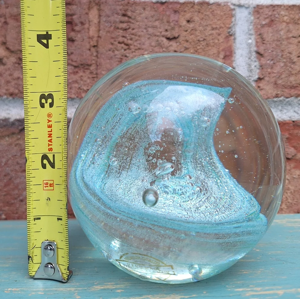 Bubble Glass Paper Weight Hand Made Blown Magic Teal Aqua Green Tinted Pearl - Picture 8 of 16
